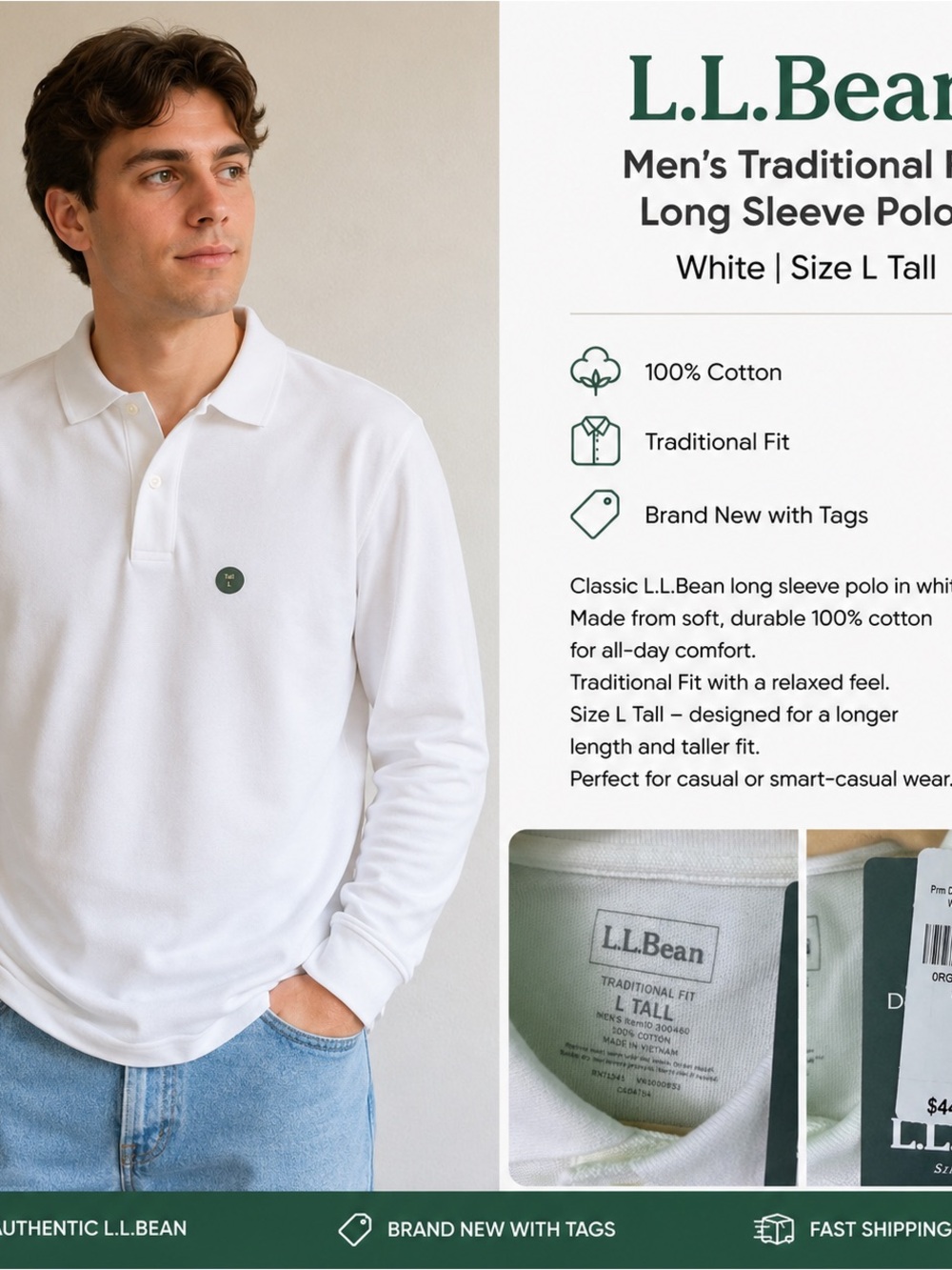 L.L. Bean Men's Long Sleeve Polo in White